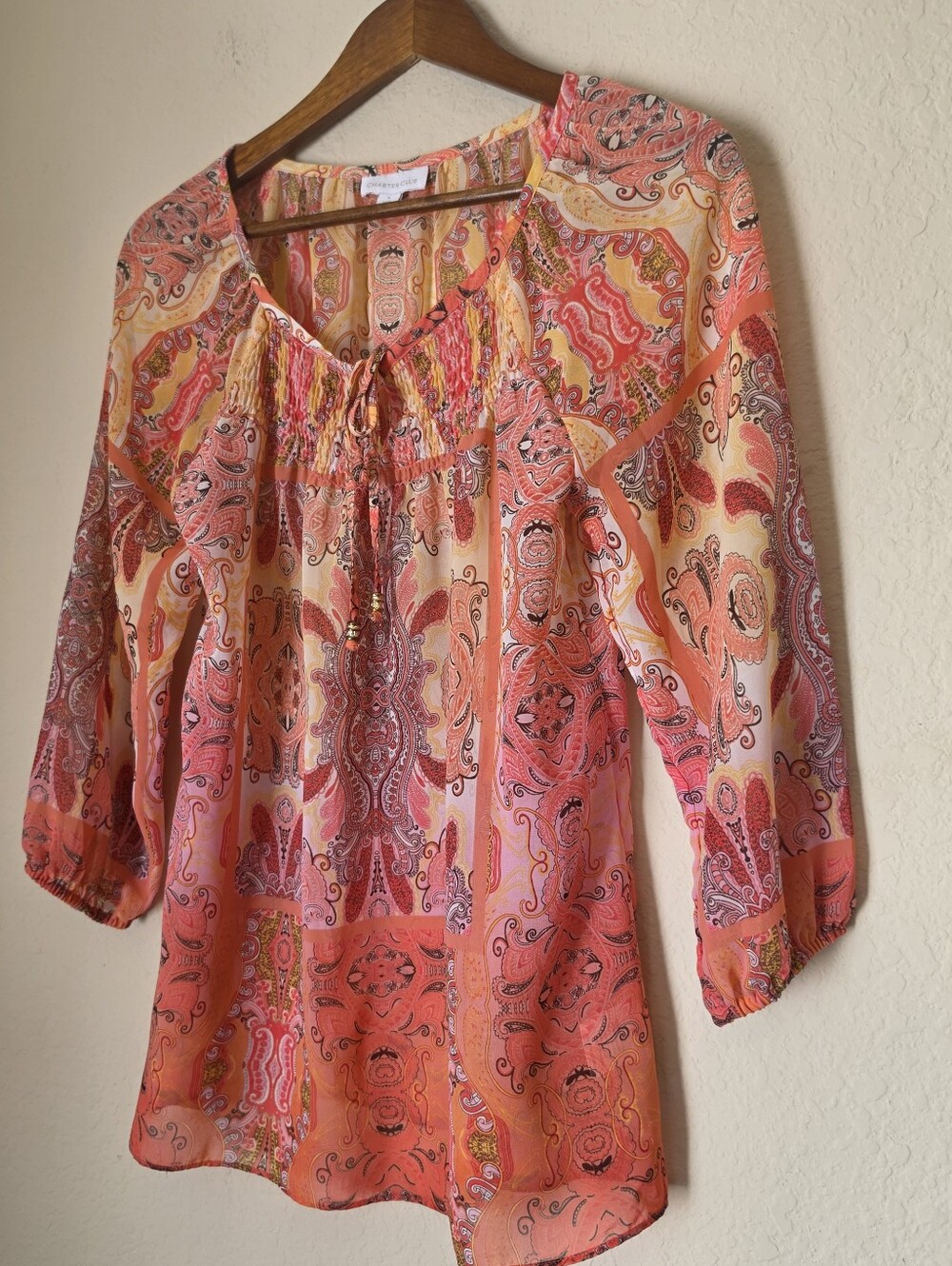 Charter Club Peasant Top Womens Small Pink Yellow Paisley